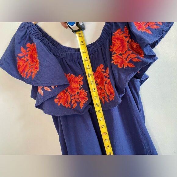Umgee Off-Shoulder Navy Dress Red Rose Embroidery w Pockets Size Large - Picture 7 of 10